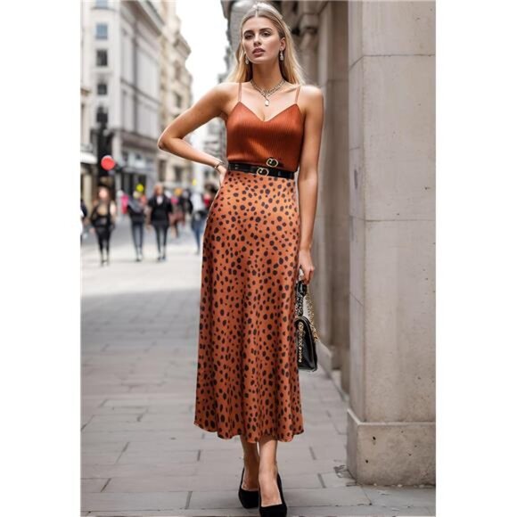 Womens Leopard Print Skirt Trendy Summer Midi Long Length Silk Satin High Waist - Picture 5 of 7
